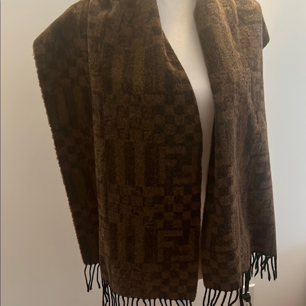 FENDI Wool Scarf Brown Black with F F lettering 60”x14” - Picture 5 of 12